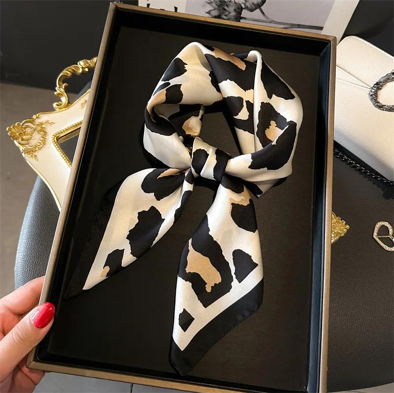 Luxury Satin Silk Scarf Square Leopard Print Women Shawl Headband Small Hair Scarves Female Handkerchief