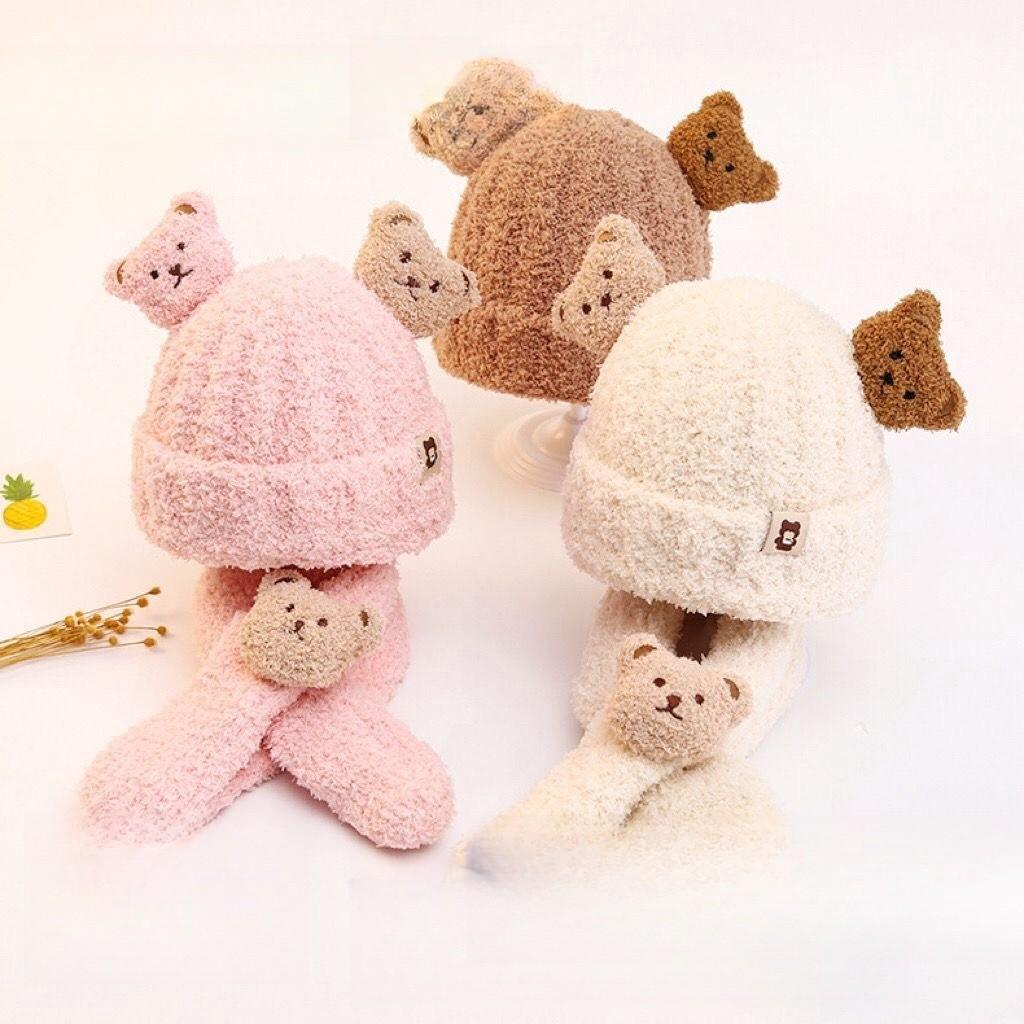 Baby Autumn and Winter Warm Hat Plush Scarf Two-piece Set Cute Teddy Bear Thick Male and Female Baby Yarn Hat