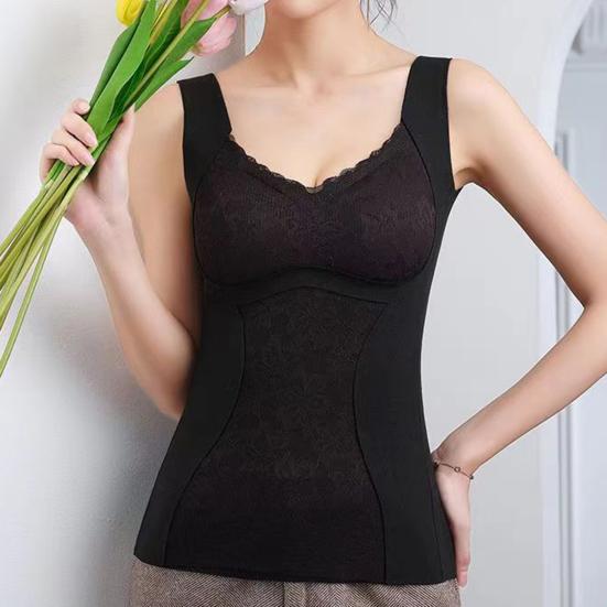 Sleeveless Thermal Tank Top for Women Fleece Lined Lace V Neck Base Layer with Built In Bra Warm Camisole Undershirts for Cold Weather