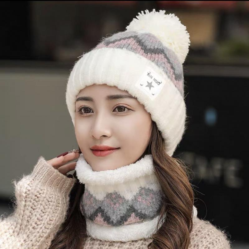 Thickened Fleece Knitted Hat Winter Cycling Cap Women's Outdoor Cold Proof Two-Piece Set Ear And Neck Protection Hat