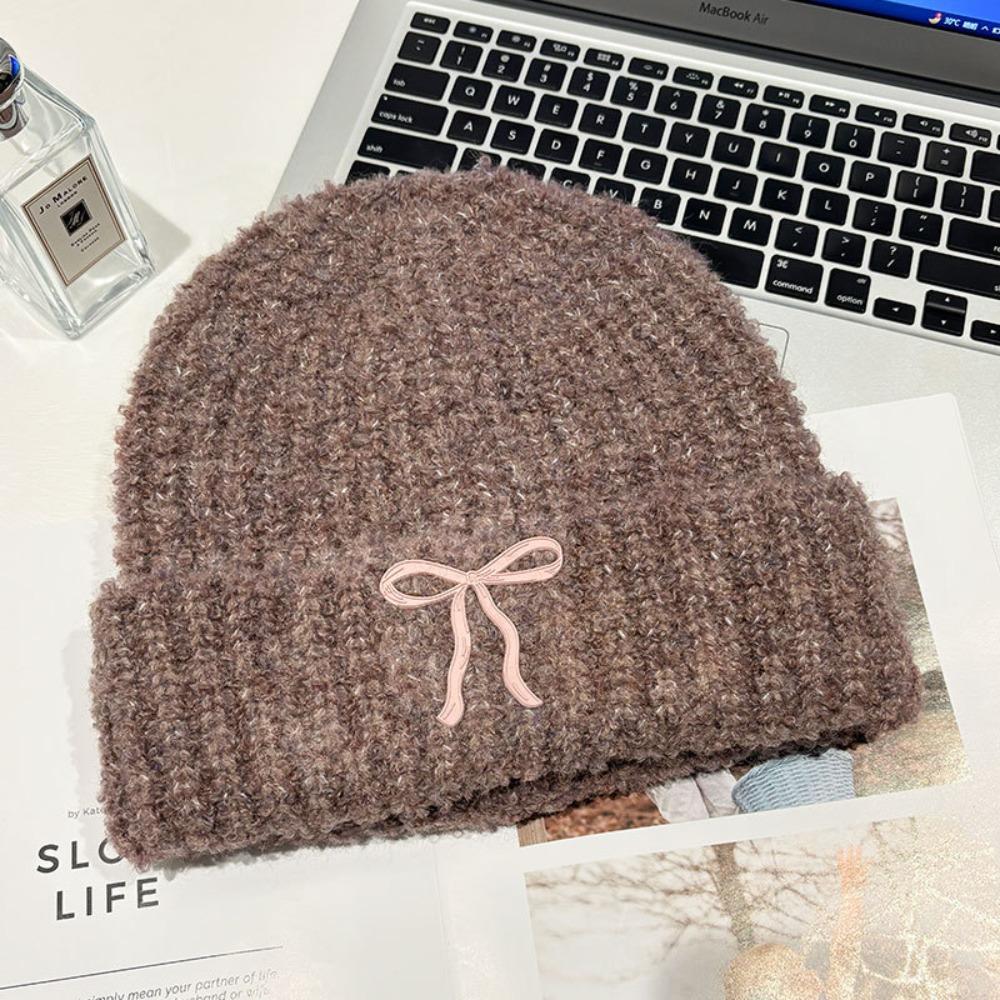 Теплая шапка с бантом, вязаная шапка, однотонная вязаная шапочка, милая вязаная крючком шапочка для бассейна, для улицы