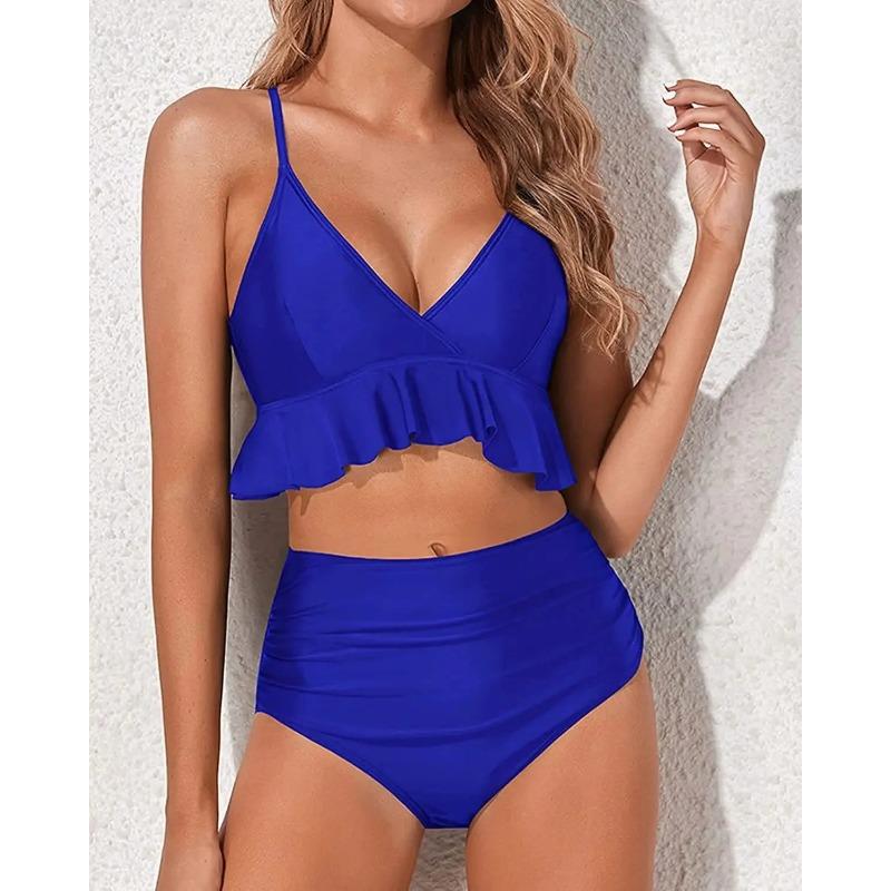 Купальник бикини с высокой талией, однотонный, раздельный дизайн, отделка краем в виде листьев, китайский бренд, модный женский купальник