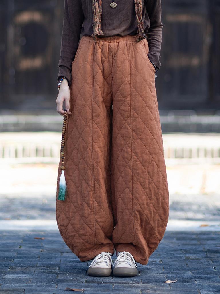 Johnature Женские винтажные панталоны Зимние брюки с эластичной талией Однотонные брюки Теплые свободные брюки