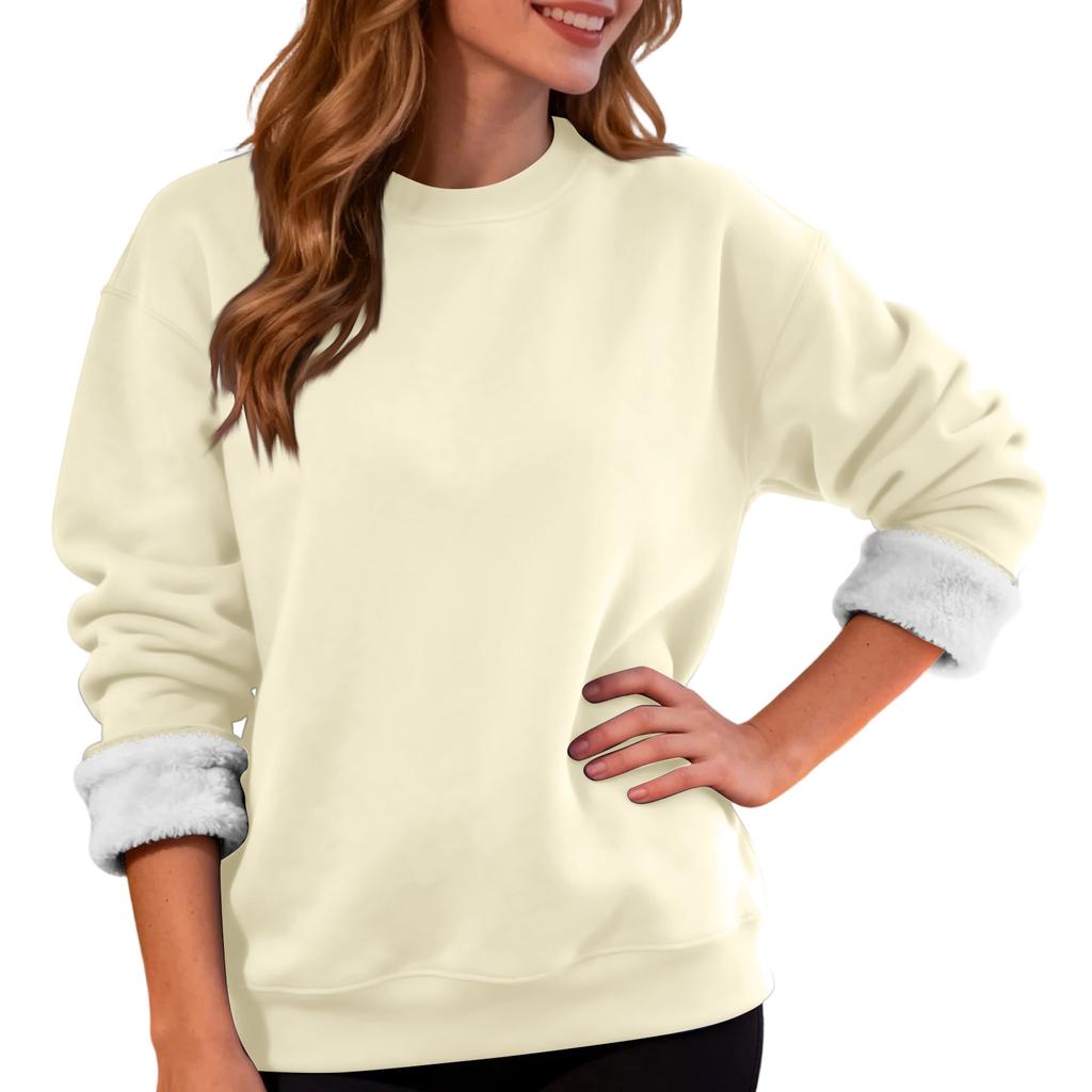 Women's Casual Fashion RoundNeck Pullover Top Winter Solid Color Plush Sweatshirt