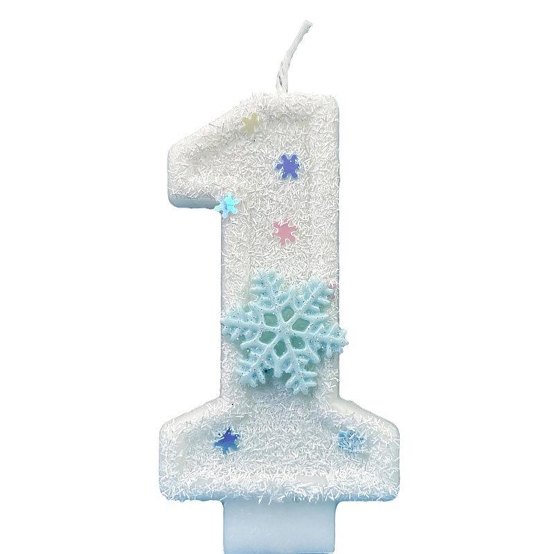 1 шт. Цифра 0-9 с блестками на день рождения, украшение для торта, белые цифровые свечи без Смога, свечи на день рождения, тема снежинки