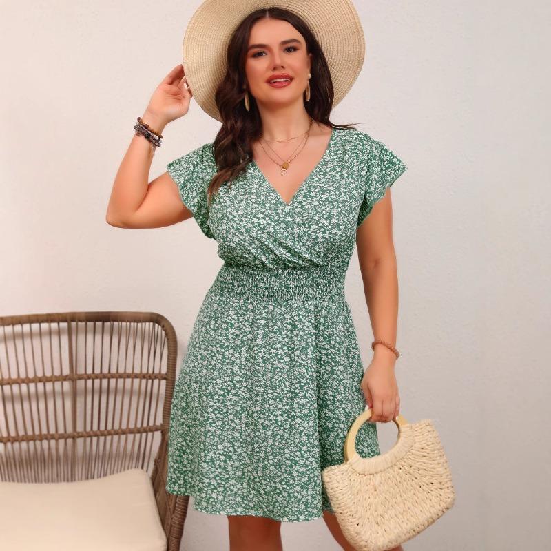 Плюс Размер Женская мода Новое Короткий рукав V-образный вырез Талия Цветочное платье