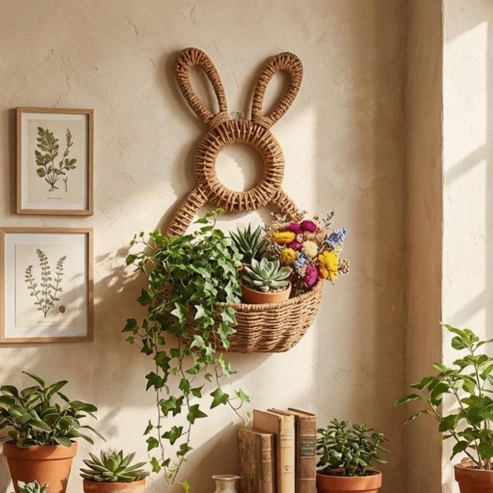 Hand Woven Bunny Flower Basket Handmade Bunny Basket Wreath Easter Bunny Basket  Wall Decoration