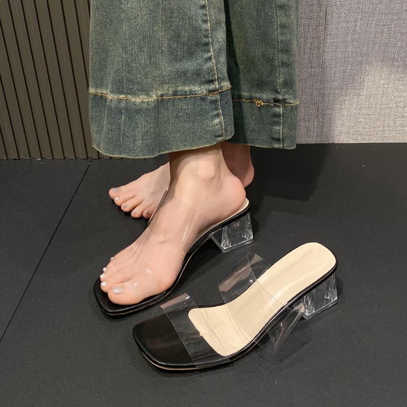 Летние новые прозрачные шлепанцы с квадратным носком и высоким каблуком, простые, для улицы, с темпераментом, для работы, крутые шлепанцы, модные шлепанцы