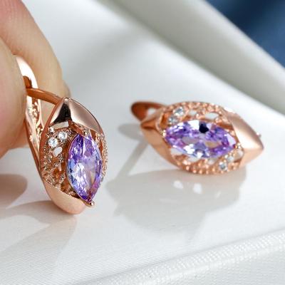 Серьги-крючки цвета розового золота огранки «маркиза» фиолетовые, розовые, синие, цвета морской волны, кристаллы с фианитами, висячие серьги с полыми листьями