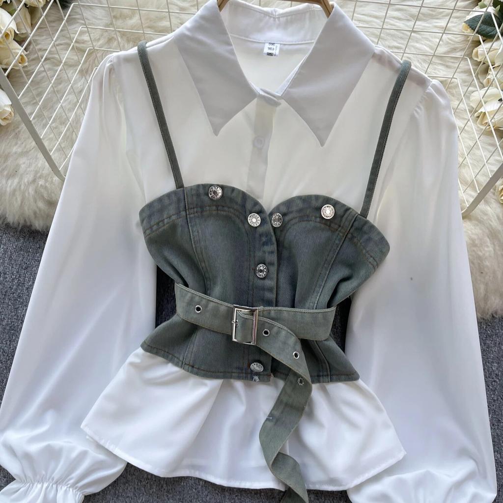 Korean Series Wear Age-Reducing Set Retro Denim Cami Stacked All-Matching Puff Sleeve Shirts Two-piece Set Top