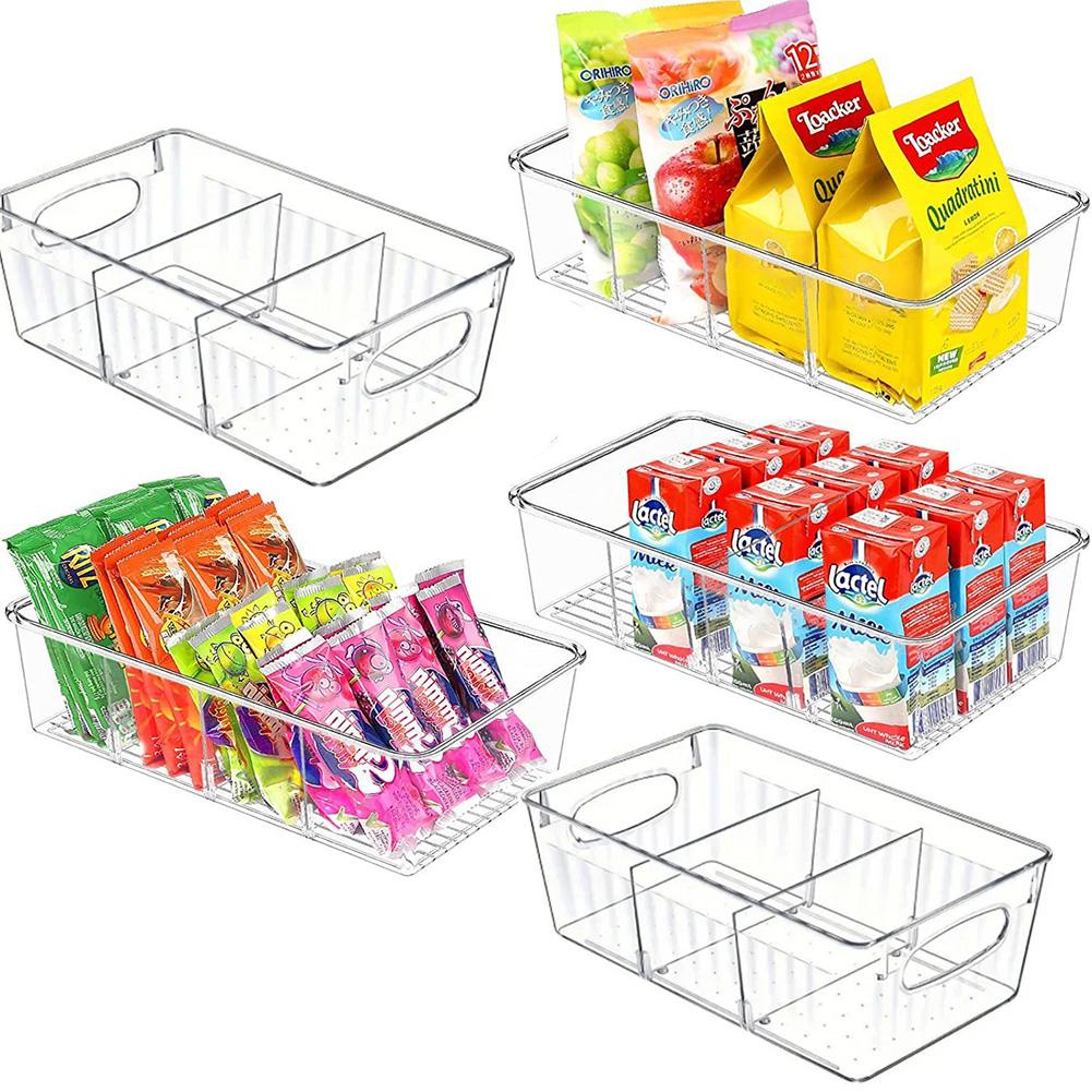 Refrigerator Organizer Bin 4 Grids Clear Food Storage Box Fridge Organizer Bins with Vegetable Fruit Pantry Organization Kitchen Accessories KTY