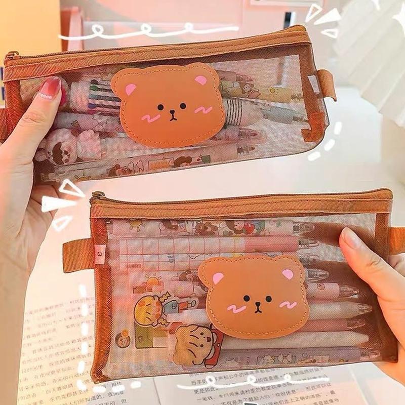 Милый мультяшный пенал с медведем, прозрачная сетчатая сумка для ручек, вместительный чехол для хранения канцелярских принадлежностей, офисные школьные принадлежности, подарки