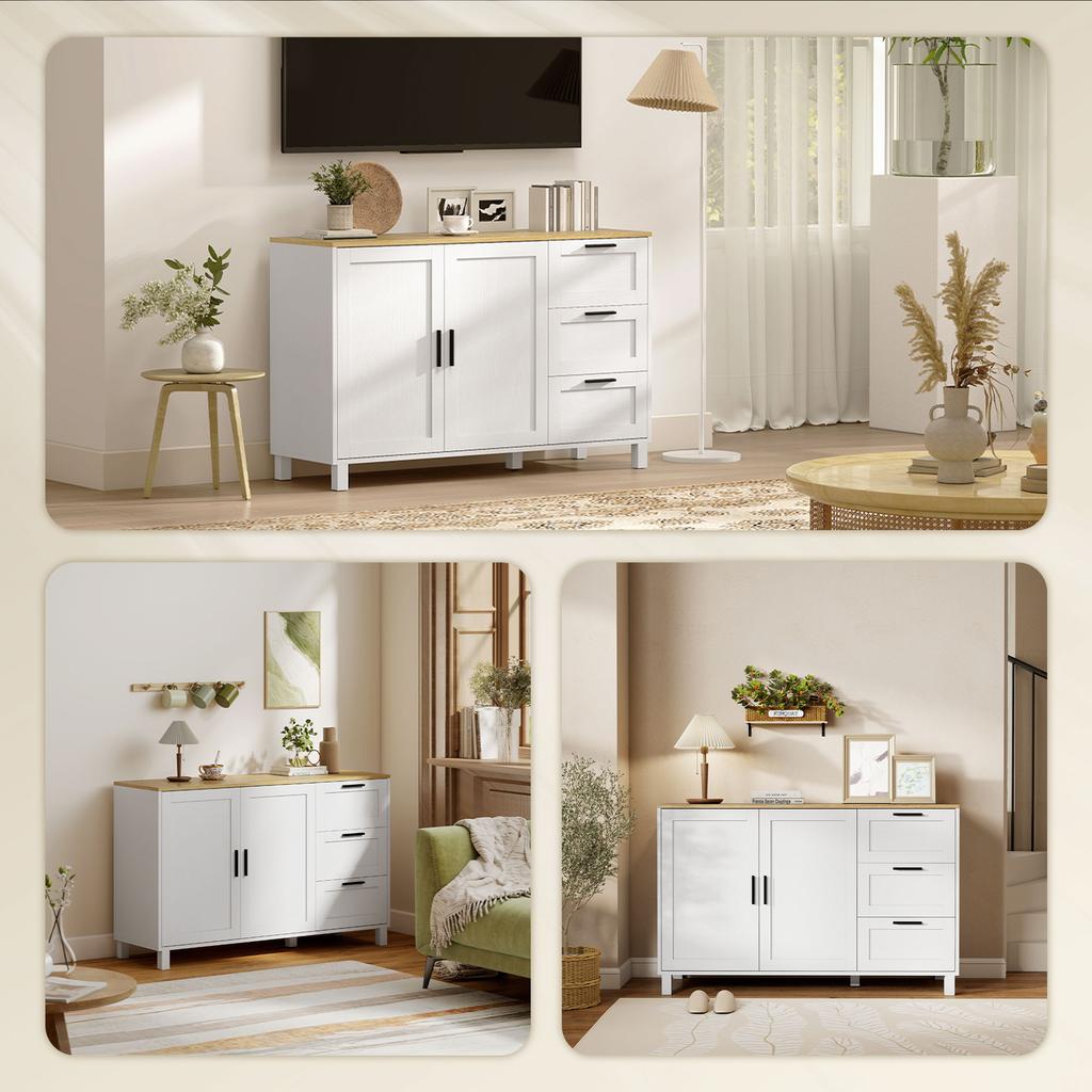 Living Room Sideboard, Storage Cabinet, Soft-Close Double Door, 3 Drawers and Adjustable Shelf, 120x38x76cm, White