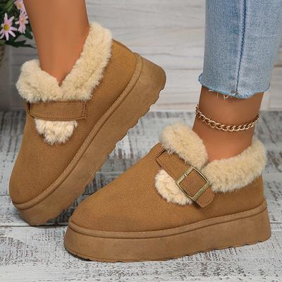 Новые осенне-зимние женские плюшевые зимние сапоги с мелкой пряжкой, теплые сапоги с толстой подошвой, большой размер 43, замшевые, меховые, на плоской платформе, хлопковые туфли