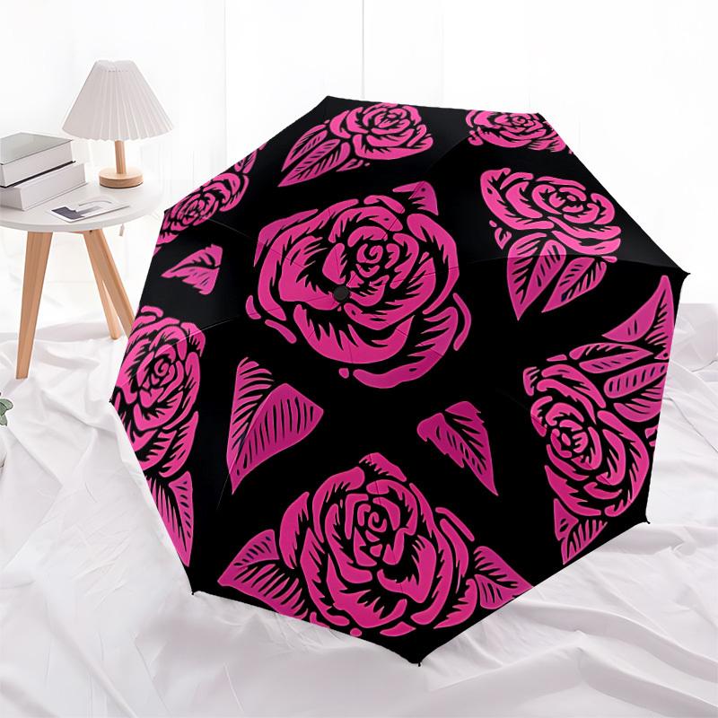 1pc Rose Pattern Automatic Folding Umbrella, Portable Collapsible Design, 8-Rib Iron Frame, All-Season Casual Outdoor Accessory yy250905077