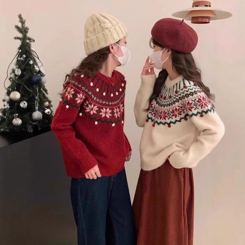 Jacquard Christmas New Red Fair Island Sweater Women's Autumn and Winter New Retro Pullover Soft Waxy Knitted Top