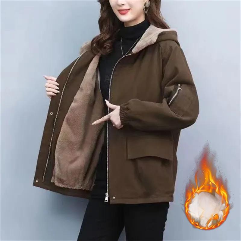 Зимние теплые хлопковые куртки с плюшевой подкладкой для женщин Парка с капюшоном Повседневный тренч
