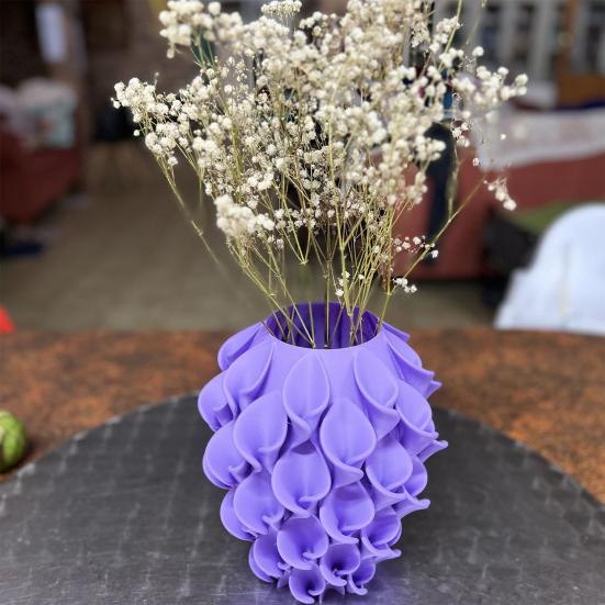 3D Printed Red Gold Flower Vase Sculptural Wave Geometric Textured Decorative