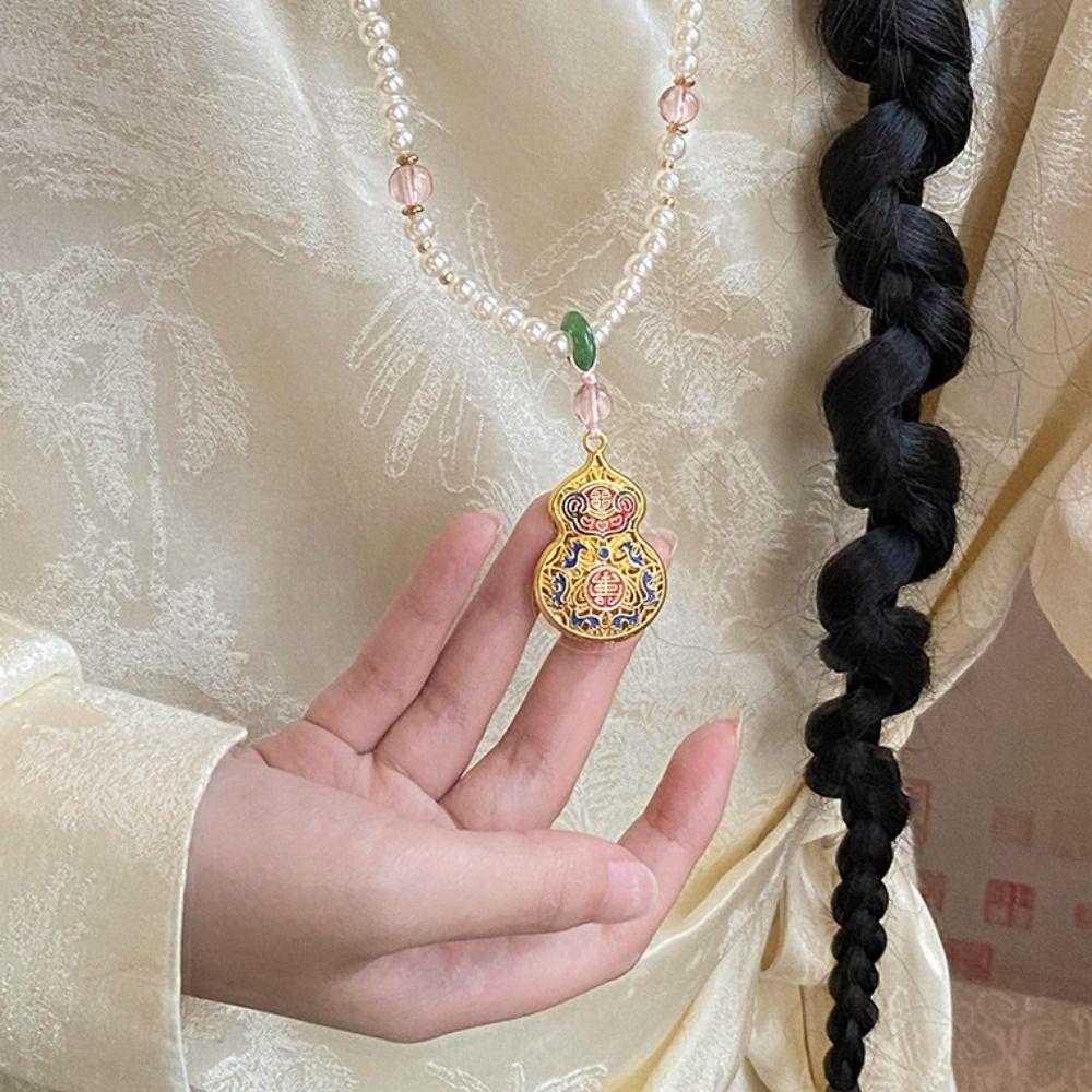 Zinc Zinc Alloy Pendant Pearl Beaded Necklaces Lucky Bag Vintage Sweater Chain  Cheongsam