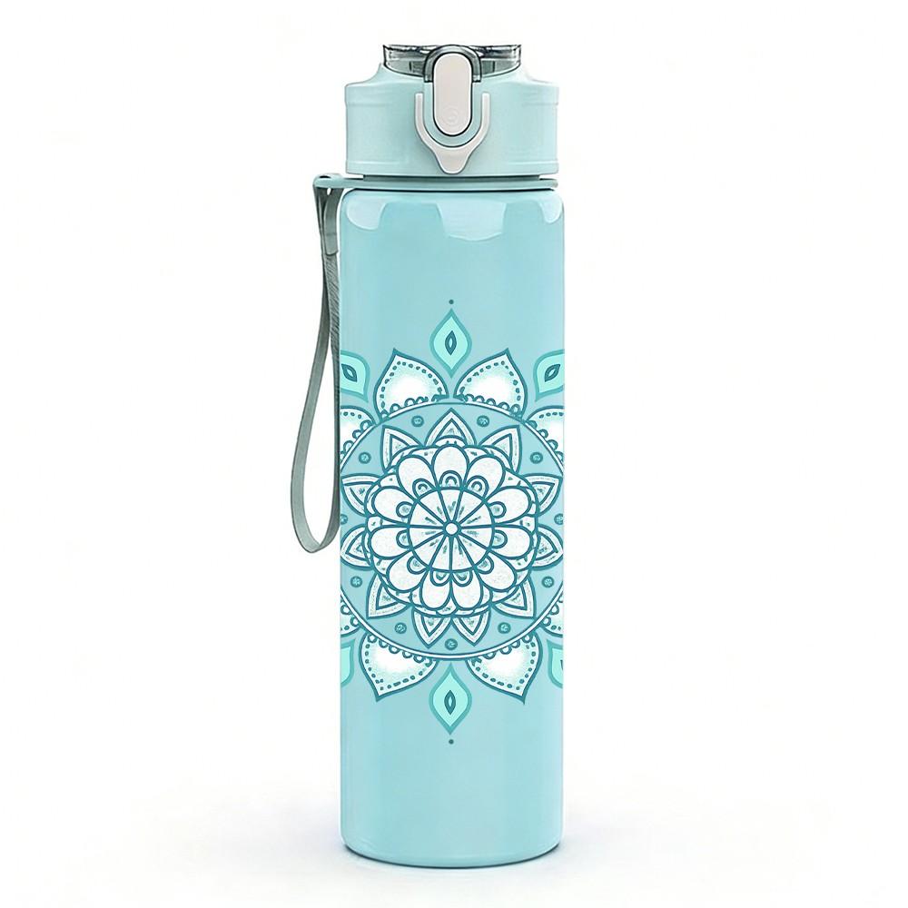 1PC Light Blue Mandala Flower 750ml Color Plastic Sports Water Bottle Leakproof Flip Straw Lid Suitable for Sports Office Home Use