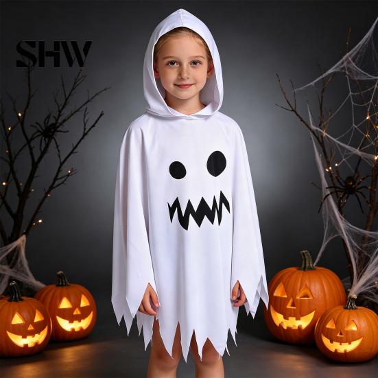 Soft Breathable Party Wear Halloween Ghost Cloak with Hood, Loose Fit Irregular Hem Costume Universal Decoration for Cosplay Party, White Spooky