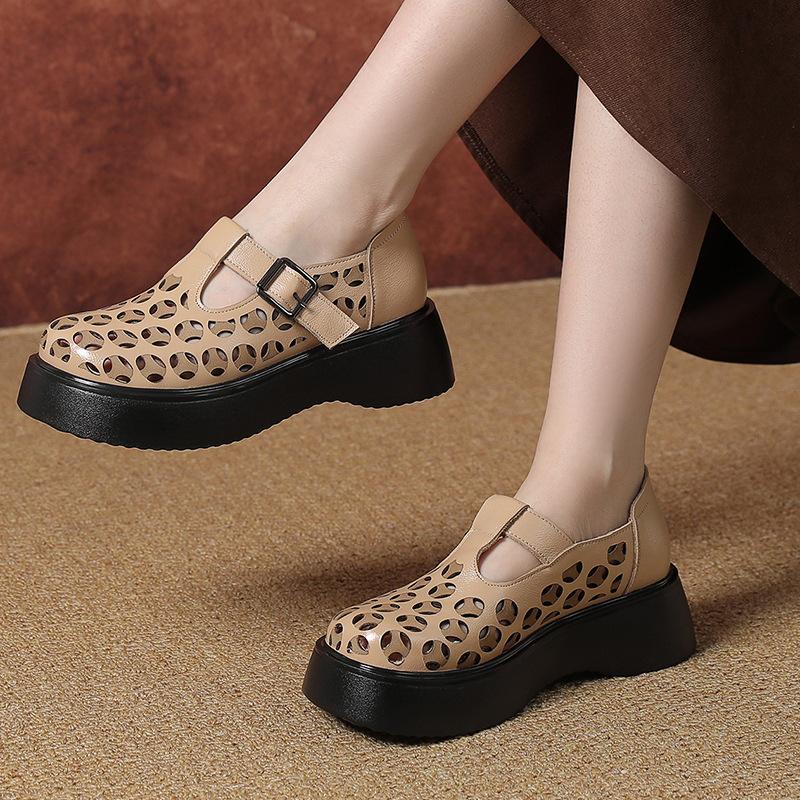 Модные GKTINOO 2025 Новые летние сандалии из натуральной кожи с круглым носком, обувь на платформе, сандалии на высокой подошве, модная ажурная женская обувь