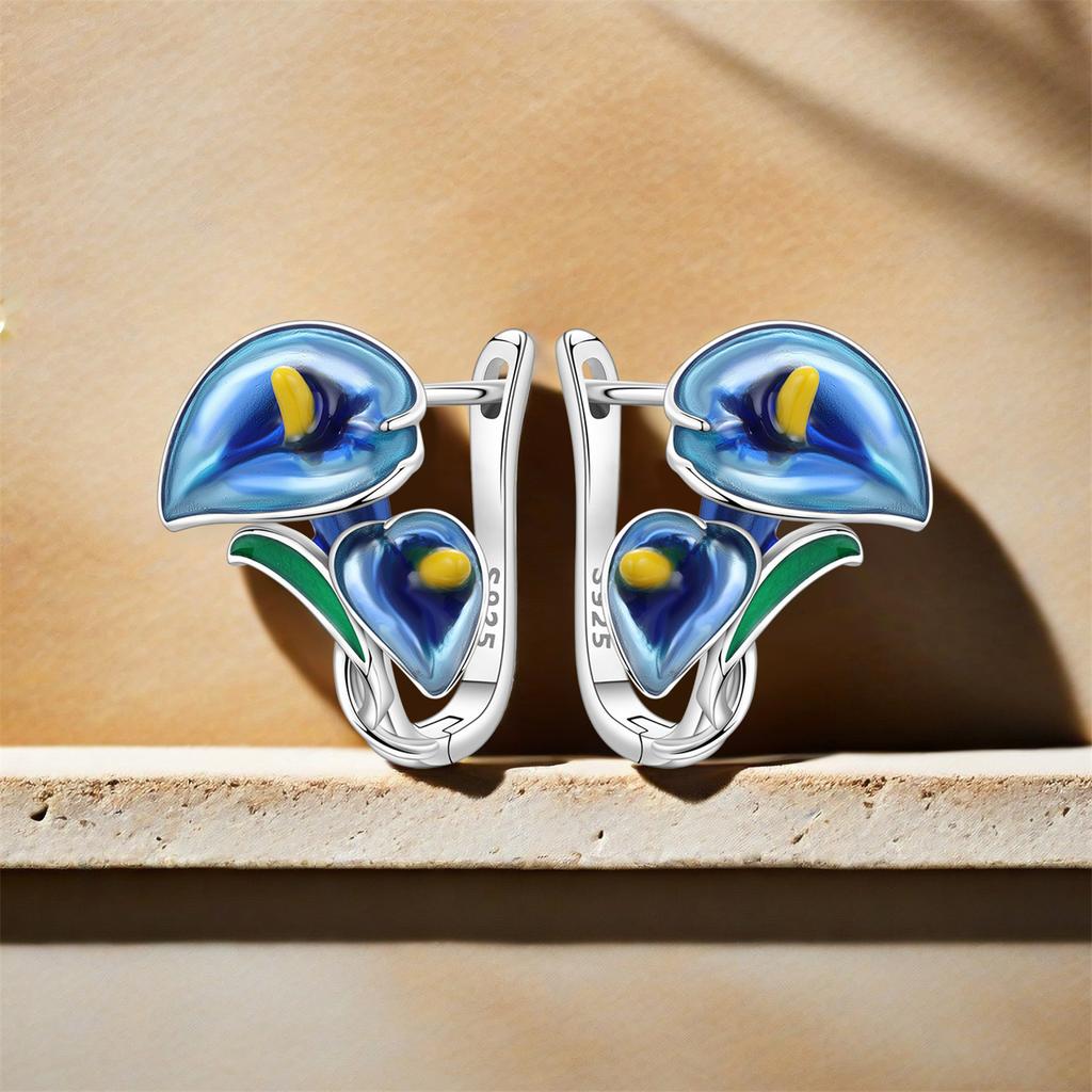 Orstarry Оригинальные серьги-гвоздики и кольца из стерлингового серебра 925 пробы с синим подковообразным цветком лотоса для женщин, ювелирные изделия на годовщину, модный подарок