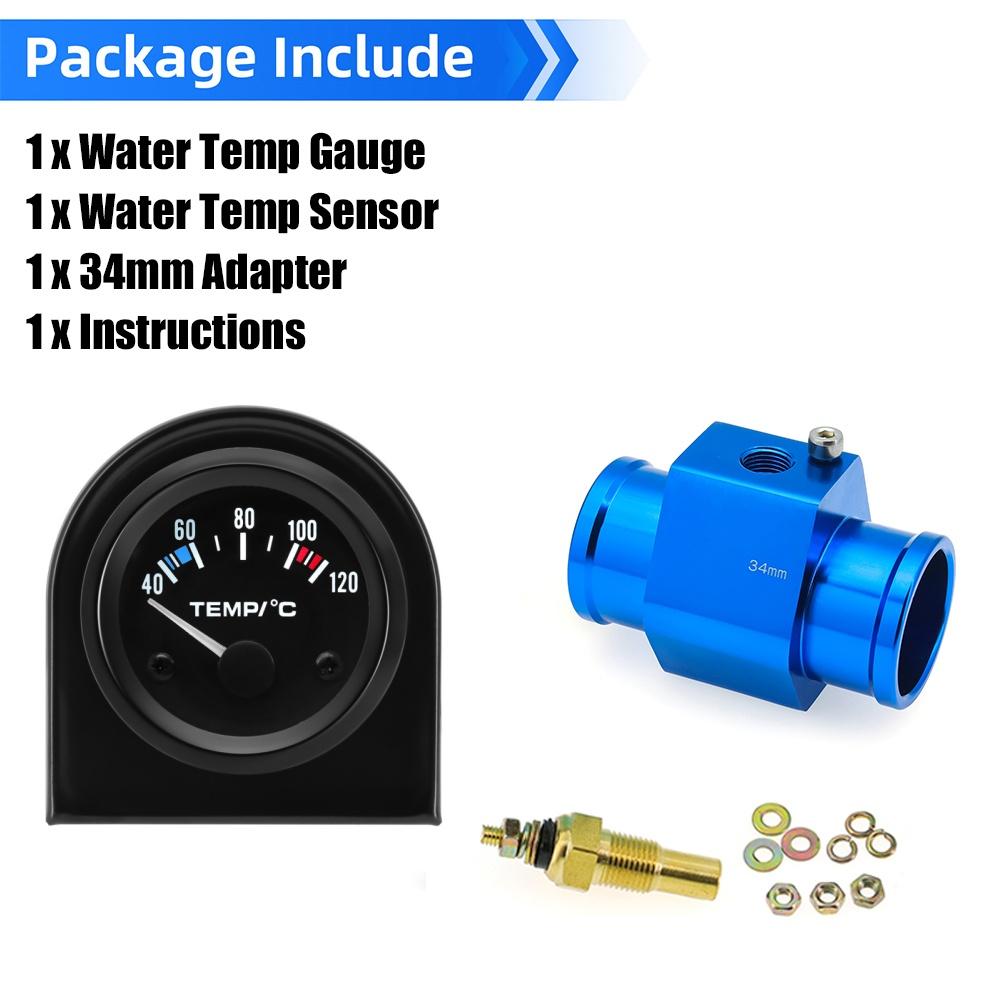52mm Water Temperature Gauge 40-120 Celsius Water Temp Sensor Joint Pipe Sensor 26/28/32/34/36/38/40mm Hose Adapter For 12V Car