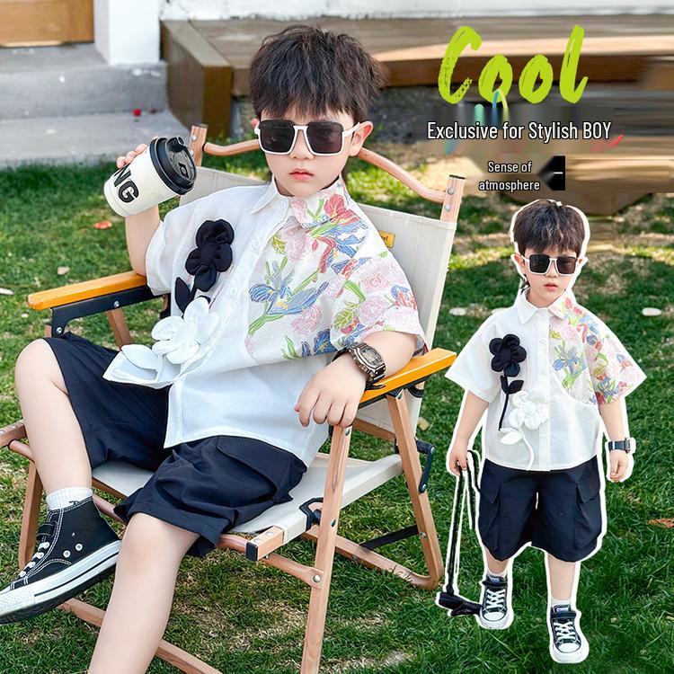 Boys' 2026 Summer Fashion: 3D Flower Print Short Sleeve Shirt & Shorts Set