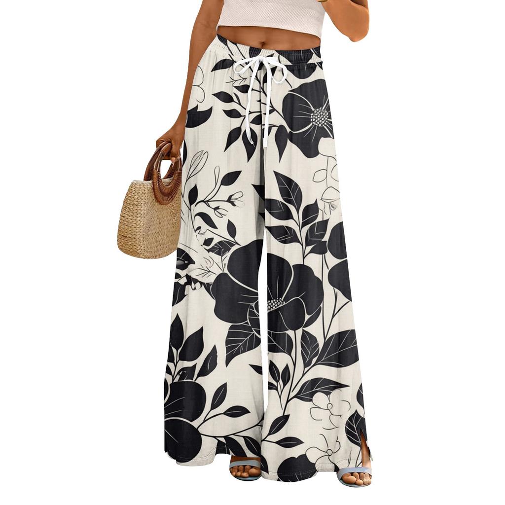 Women's Loose Casual Floral Print Wide Leg Pants With Elastic Waist Drawstring And Pocket Pants