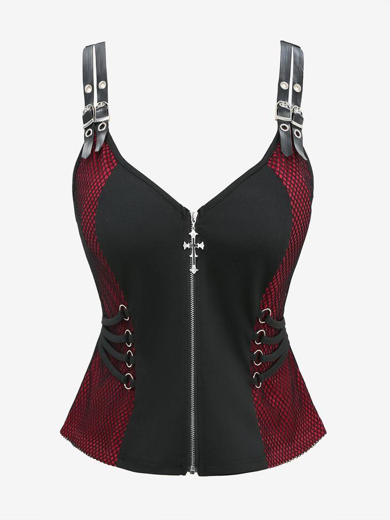 Rosegal Gothic Plus Size Ажурная вставка с перекрестной молнией на бретельках из искусственной кожи с пряжкой-люверсом