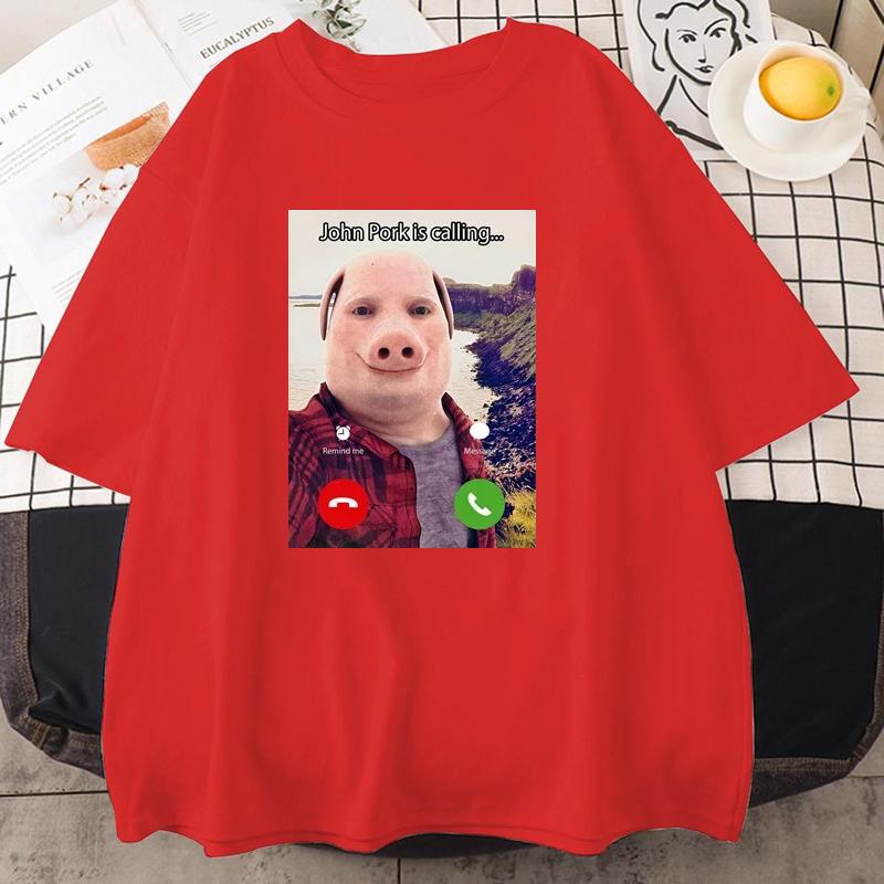 Новые футболки John Pork Is Calling Смешная графическая футболка Топ Женская Мужская Оверсайз Юмор Мем Свинья Дизайн Одежда Уличная Одежда