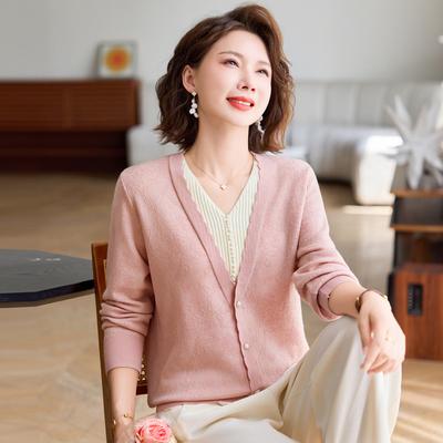 Осень и Зима Новая Кофта с Длинным Рукавом и V-образным Вырезом для Повседневной Носки для Женщин Среднего и Пожилого Возраста, Имитация Двойки, Вязаный Свитер-Пуловер, Универсальный Топ