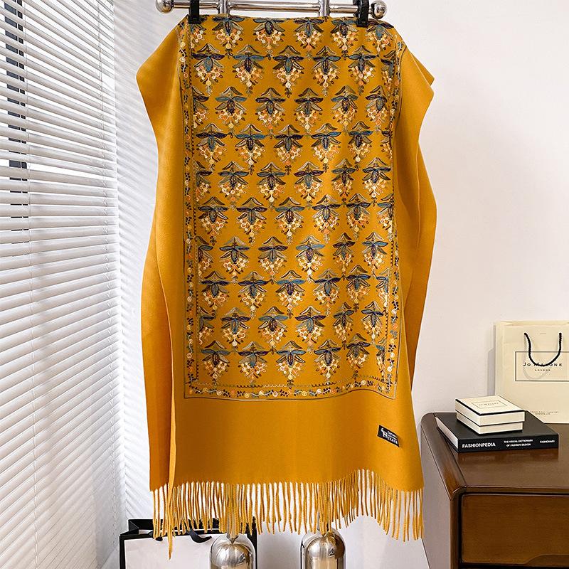 Женский вышитый теплый шарф в литературном ретро-этническом стиле, украшение из пряжи с бахромой