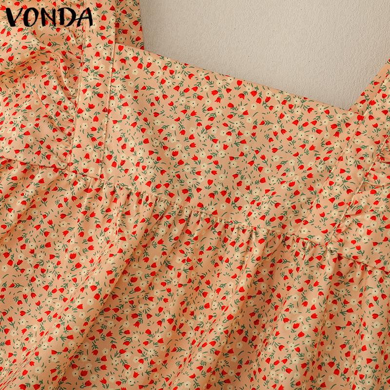 VONDA Summer Women Square Collar Sleeveless Strap Floral Print Ruffled Casual Tank Tops