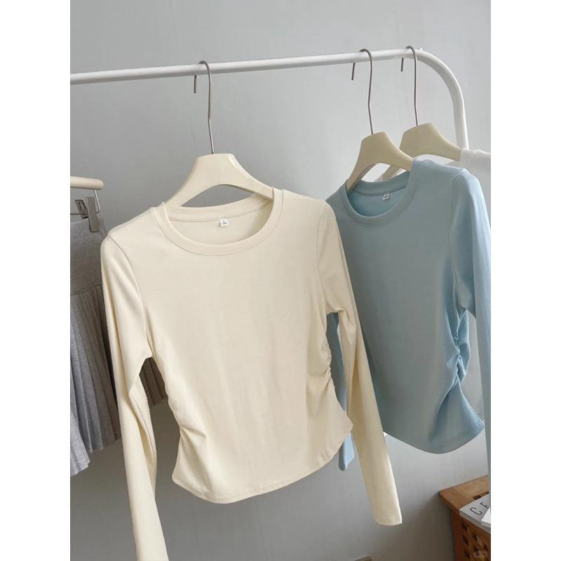 Весенняя новая рубашка с плиссировкой на талии, женский внутренний топ в стиле чистой страсти, bm с открытыми плечами, тонкая рубашка с длинным рукавом для базового слоя