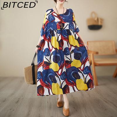 Простое литературное деревенское стильное маленькое свежее летнее новое свободное женское платье с короткими рукавами и абстрактным принтом