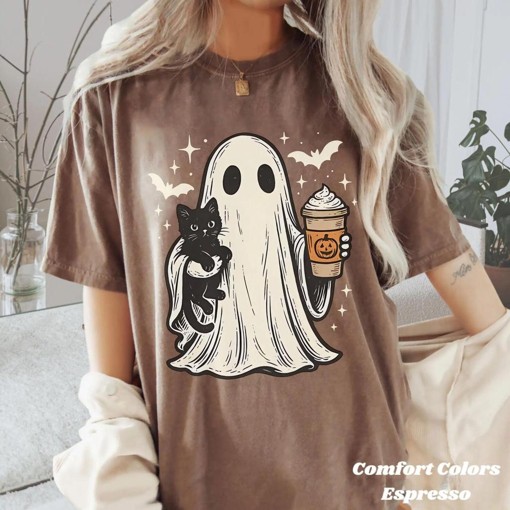 Comfort Colors Halloween Shirt, Ghost Pumpkin Spice Black Cat Tee, Spooky Season Fall Graphic Shirt, Autumn Gift