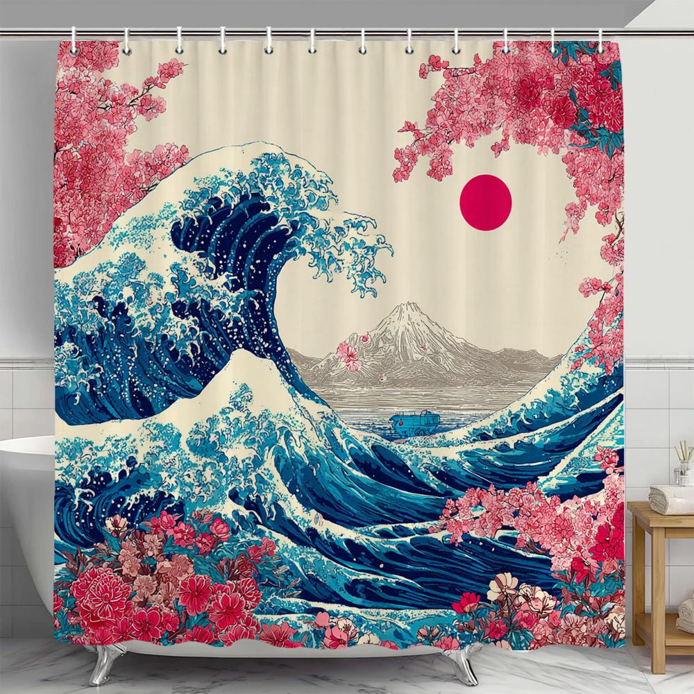 Japanese Mount Fuji wave style Shower Curtain,plum blossom Shower Curtain,Printed polyester fabric Bathroom Decoration Curtain