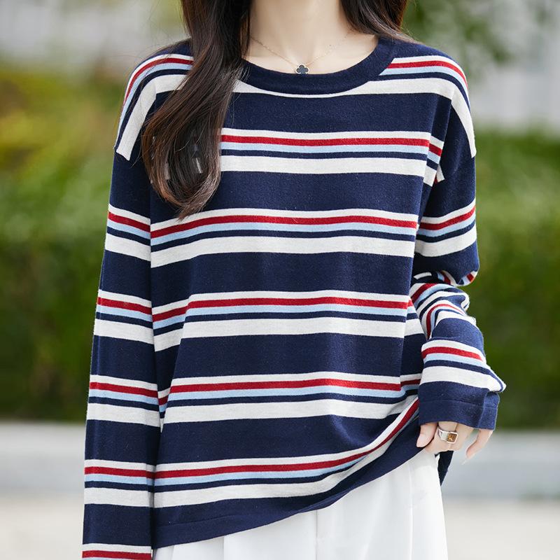 Autumn New Crew Neck Knitted Sweater Long Sleeve Women'S Navy Blue Color Matching Striped Loose Pullover Wool Bottoming Shirt