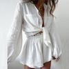 2Pcs/Set Lantern Long Sleeve Pockets Single Breasted Women Outfit Lapel Shirt Ruffle Wide Leg Shorts Set