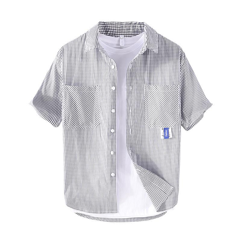 Harajuku Style Plaid Shirt Man Short Sleeve Summer Tops Lapel Collar Double Pockets Button-Down Shirts Daily Men Clothing
