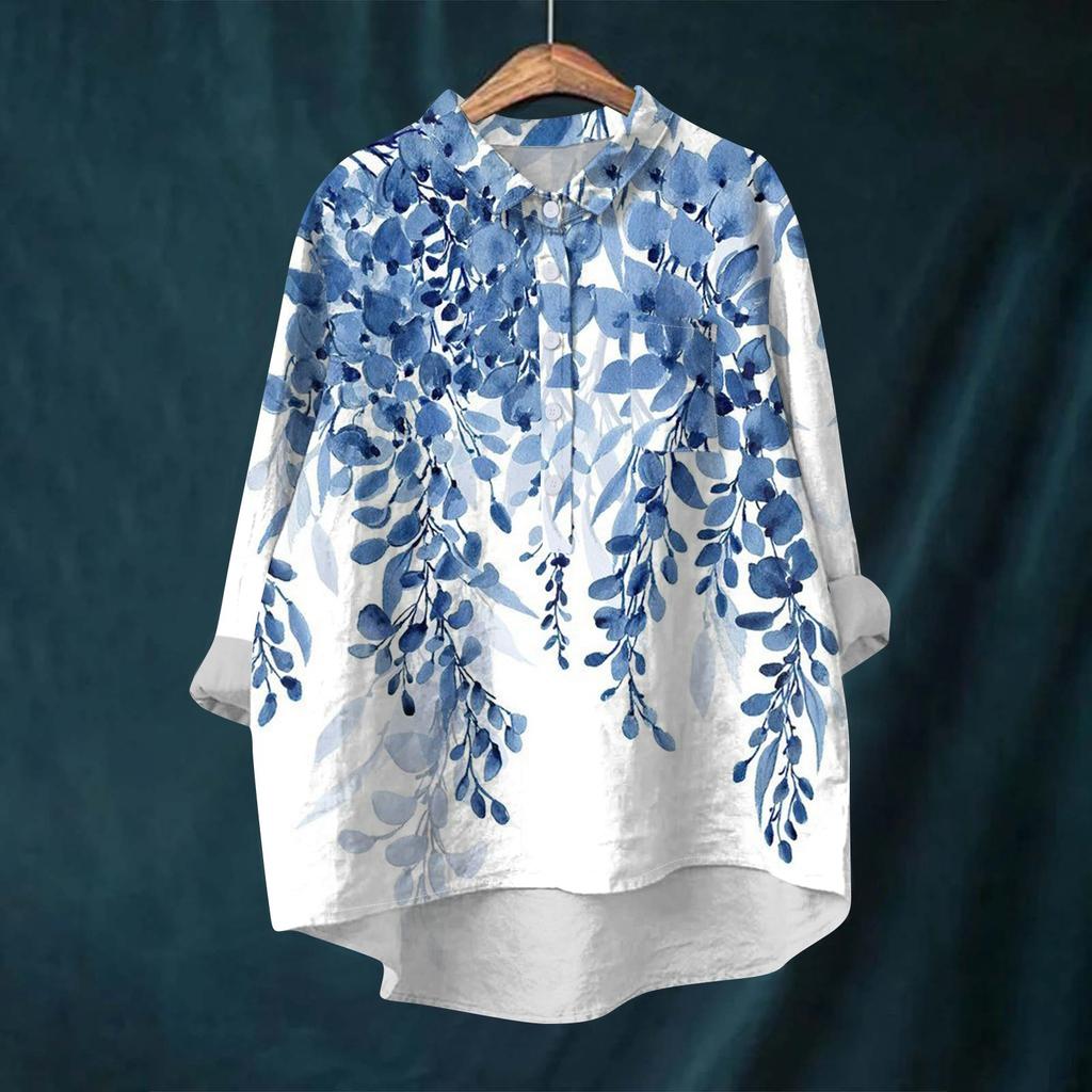 Women's Shirt Blouse Long-sleeved With Buttons Print Casual Hem Irregular Shirt Collar Top