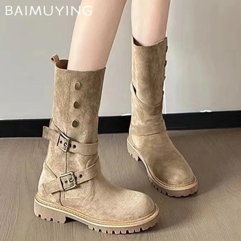 Замшевые толстые женские высокие сапоги дизайнерские туфли на среднем каблуке с пряжкой 2025 года, зимние туфли-лодочки в готическом стиле средней длины для мотоциклистов Botas De Mujer