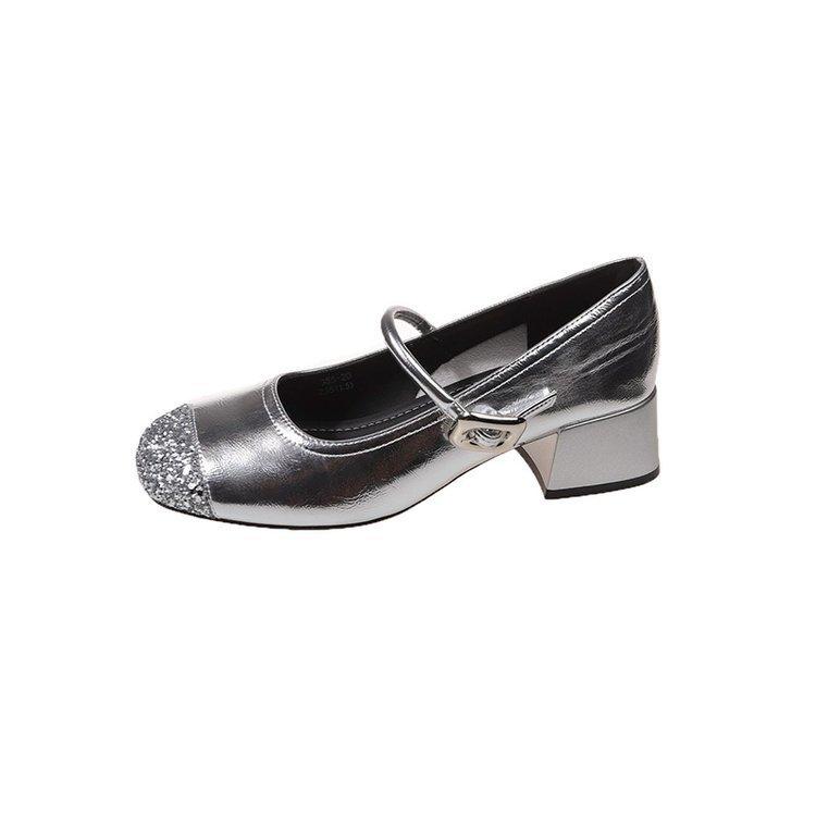 Туфли на толстом каблуке, модные и удобные, женские, на среднем каблуке, летние, однотонные, с пряжкой, туфли Мэри Джейн, универсальные, серебристые туфли