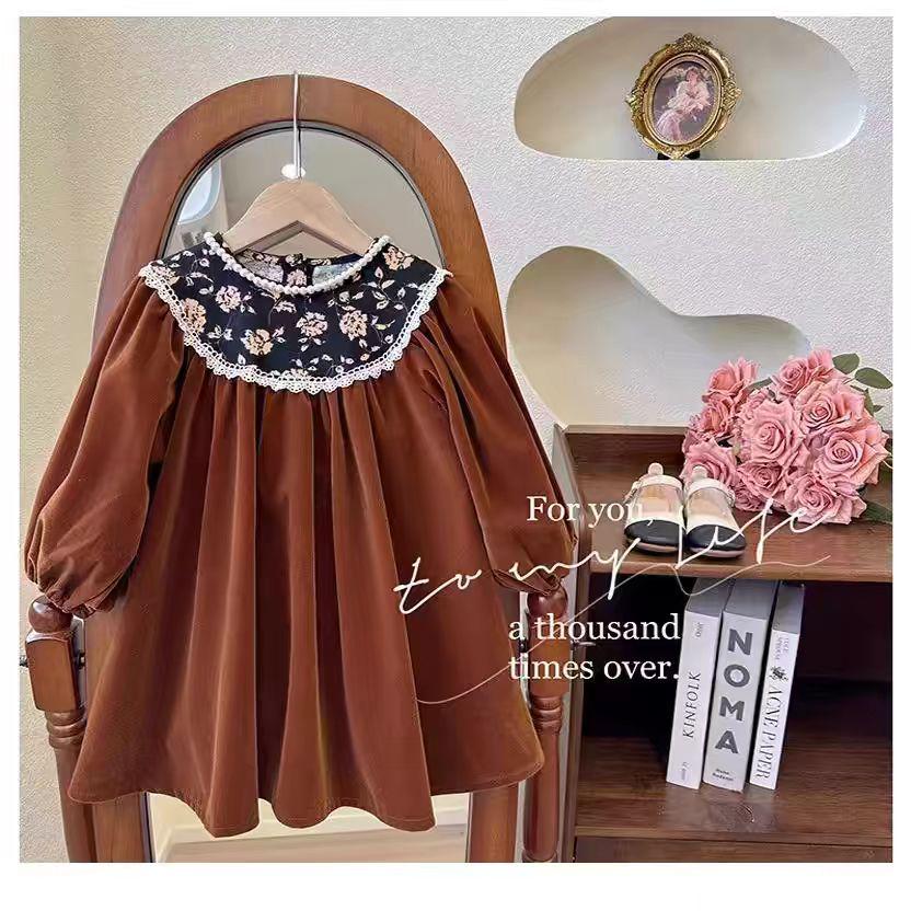 Hepburn-Style Retro Velvet Floral Princess Dress for Girls - Long-Sleeved, Perfect for Spring and Autumn, Korean Design.