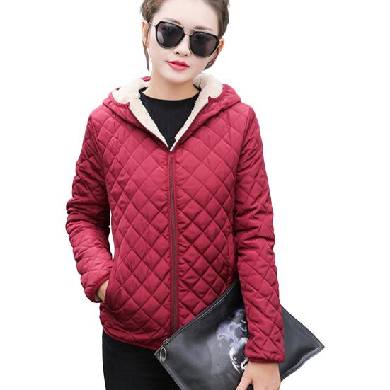 Winter Women Jacket Hooded Zip-up Long Sleeves Thick Plush Lined Solid Color