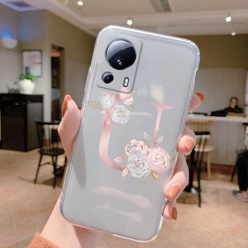 Розовые Цветы Инициал Чехол Для Xiaomi 13 Lite Чехол Буква A До Z Прозрачный Мягкий ТПУ Защитный Funda Для Xiaomi 13 Lite Coque