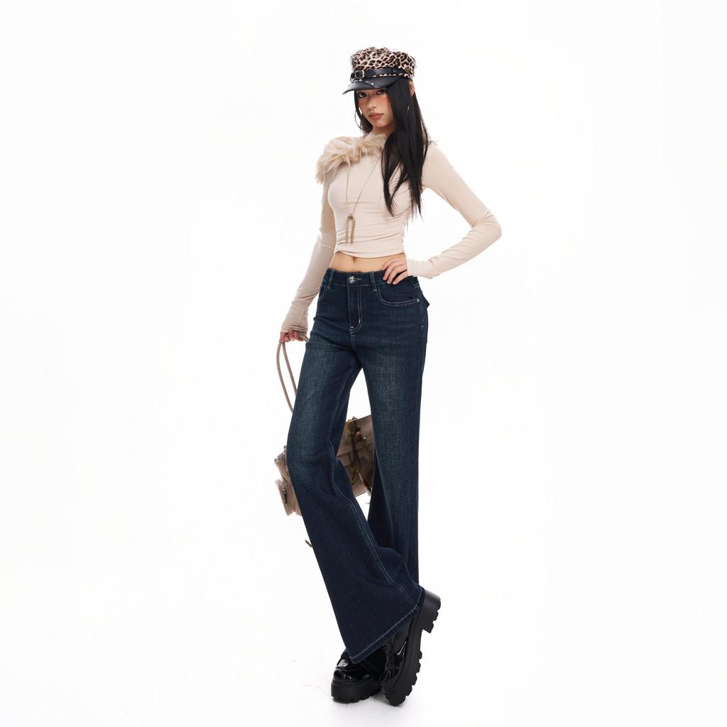 American style non-stick leg micro-horn jeans women's autumn and winter new medium and high waist elastic straight versatile and thin pants