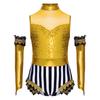 Girls Circus Costume Set Shiny Sequins Mock Neck Sleeveless Jumpsuit Matched Metallic Over Sleeve